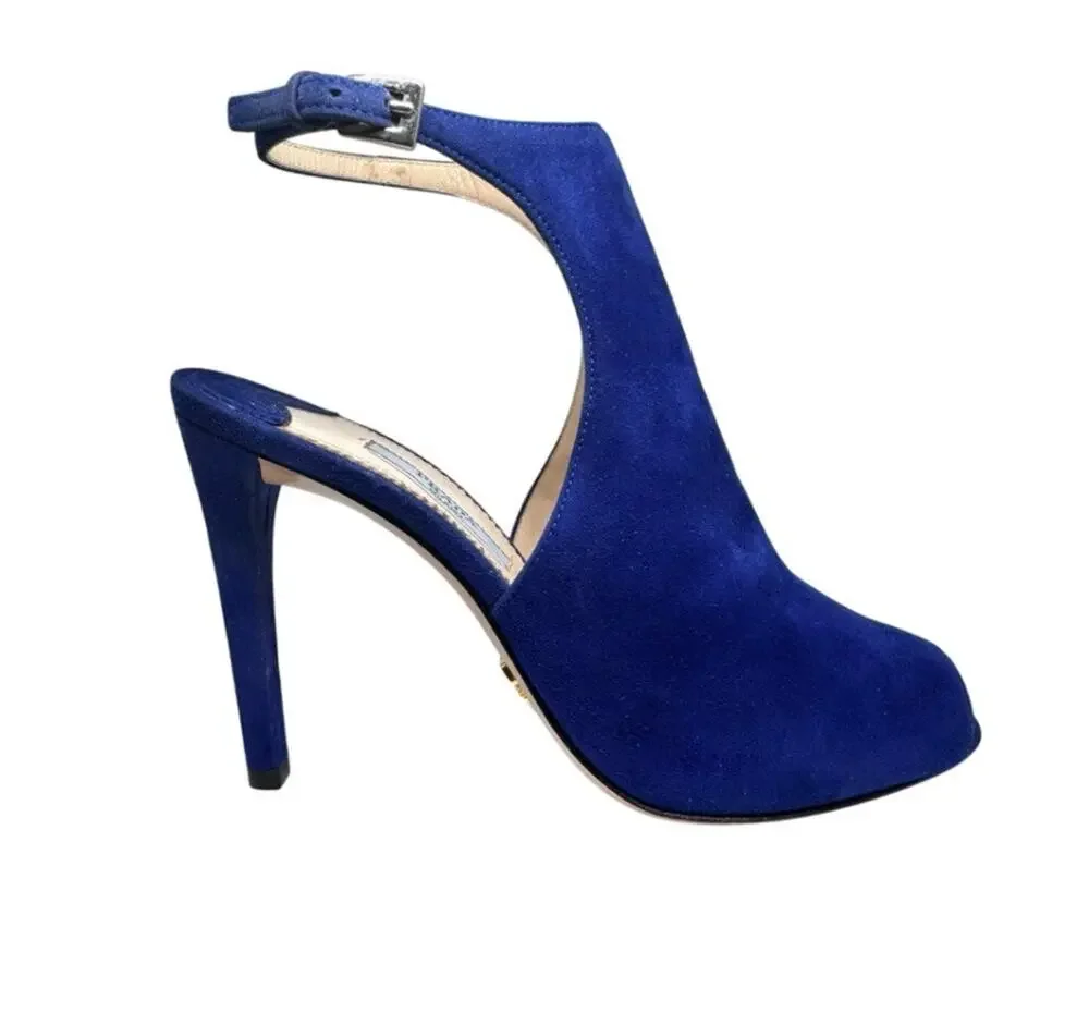 PRADA CAMO SC10 NAVY SUEDE MULE HEELS SIZE 37 ITALY ANKLE STRAP NEW IN BOX
